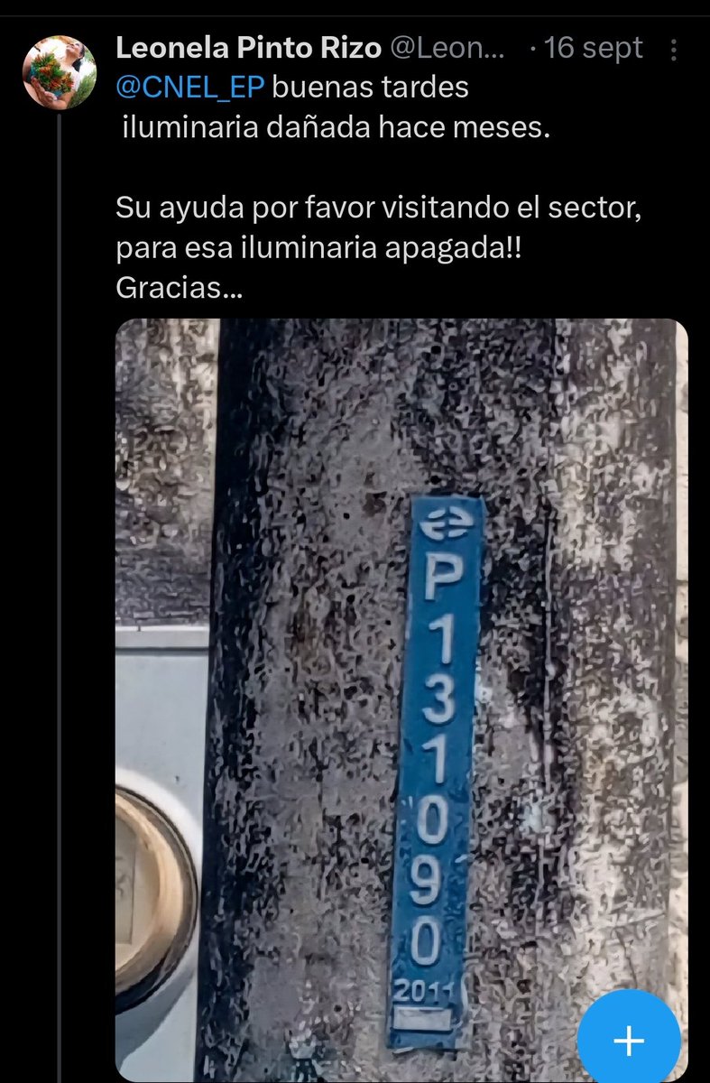LeonelaPinR's tweet photo. Señores @CNEL_EP sigo esperando  desde el mes de SEPTIEMBRE el cambio de una iluminaria en la Cooperativa 
P131090 

POR FAVOOOOR @aquilesalvarez @tctelevision @teleamazonasec @EcuavisaInforma https://t.co/iFgkQqDsAA