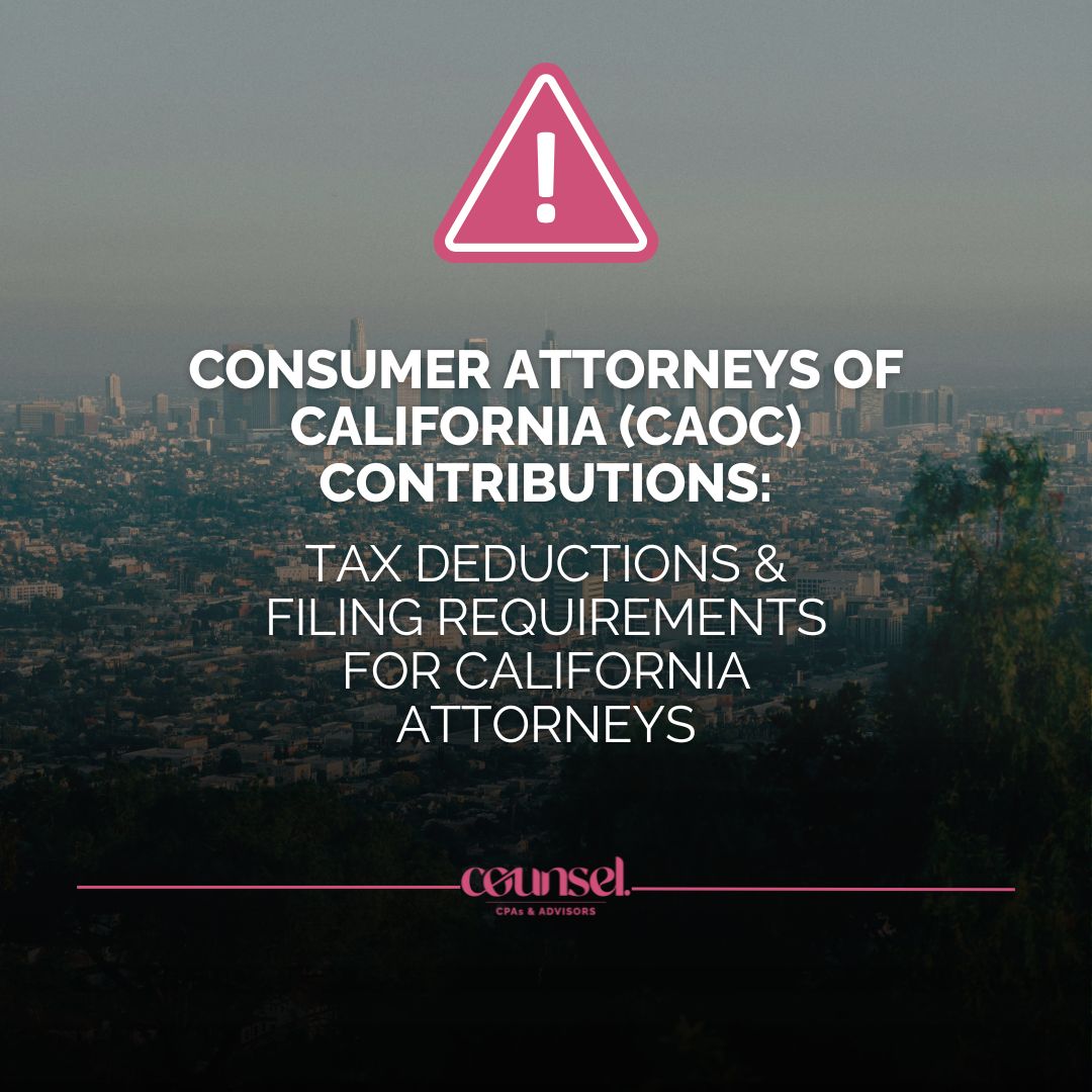 CounselCPAs's tweet photo. Donated to CAOC? Counsel CPAs explains key tax and California filing considerations law firms should be aware of.

👉Read our article to learn more: https://t.co/KxUYYJ0LbD https://t.co/pkPeeof4Gm