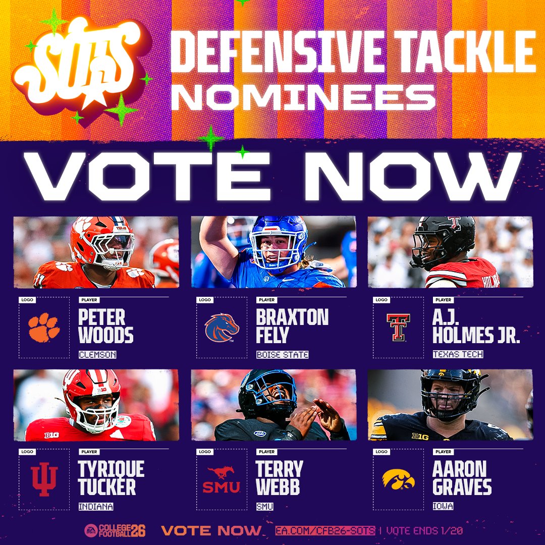 EASPORTS_CUT's tweet photo. ⭐ Stars of the Season voting is LIVE! ⭐

Here are your Defensive Tackle nominees:

Peter Woods | @ClemsonFB
Braxton Felly | @BroncoSportsFB
A.J. Holmes Jr. | @TexasTechFB
Tyrique Tucker | @IndianaFootball
Terry Webb | @SMUFootball
Aaron Graves | @HawkeyeFootball

Vote now until 1/20: https://t.co/YhrYyBfQkb #CFB26