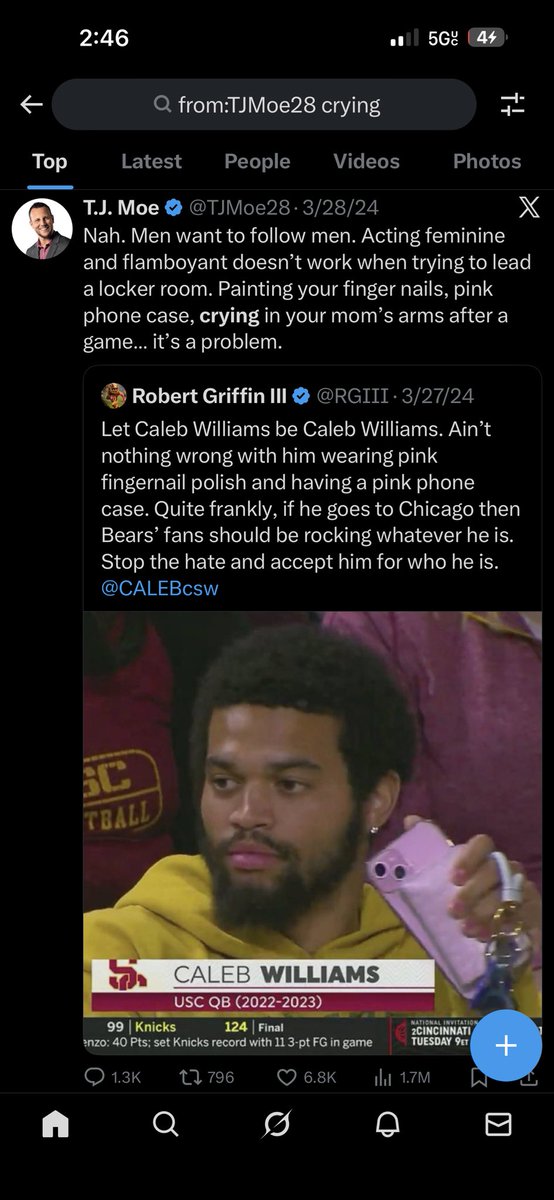m10eezy's tweet photo. @TJMoe28 so crying in your mom’s arms after a game is not okay, but crying in front of the media is?  given both situations, what’s really the difference here? https://t.co/Vzv8N7lC2W