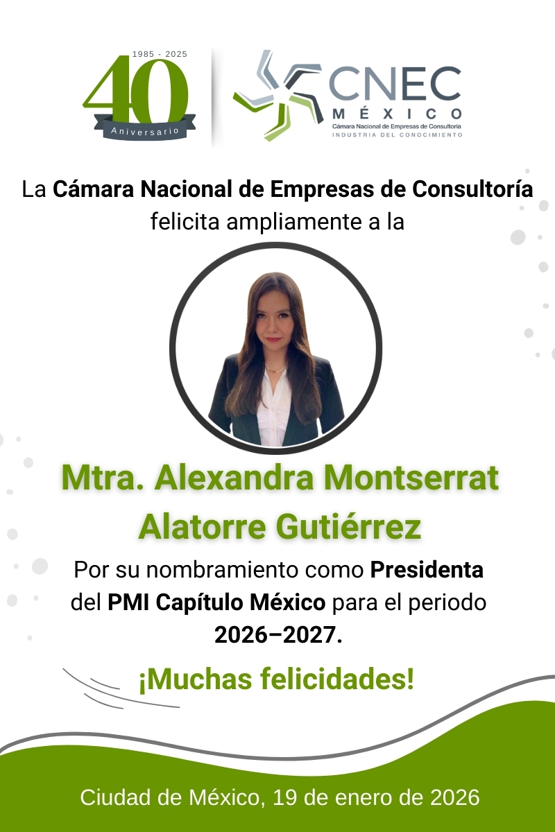 De parte de nuestro Presidente, Ing. Oscar Solís (<a href="/SOLYEP71/">OSCAR SOLIS</a>), felicitamos a la Mtra. Alexandra Alatorre Gutiérrez, tras su designación como Presidenta del PMI México (<a href="/pmicapitulomex/">PMI Capítulo México</a>). 
¡Enhorabuena también a toda su mesa directiva!

#Consultoría #ProjectManagement  #AlianzasCNEC