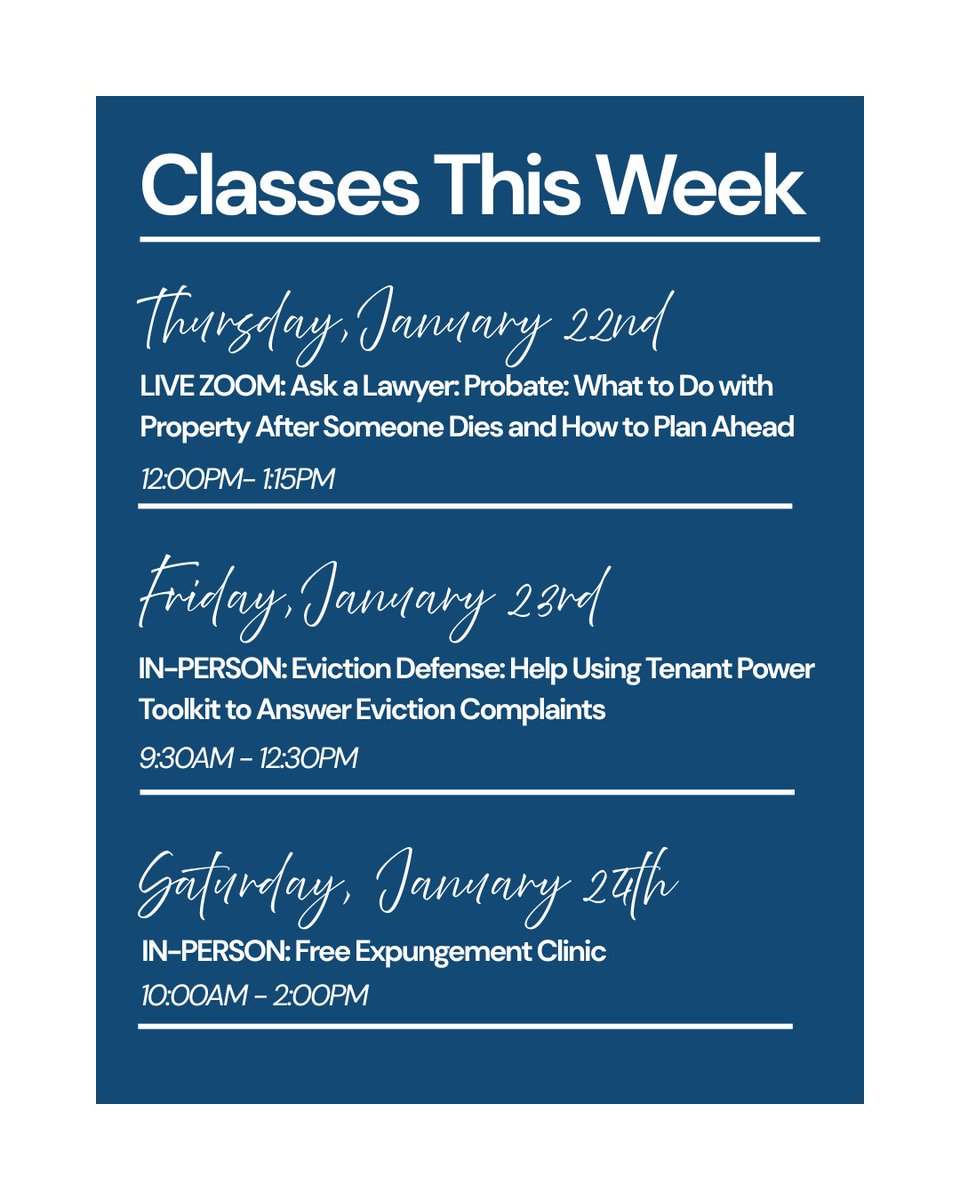 📌Happy Monday! Check out this week’s class schedule.

📣For more information, click here: lalawlibrary.org/current-classes