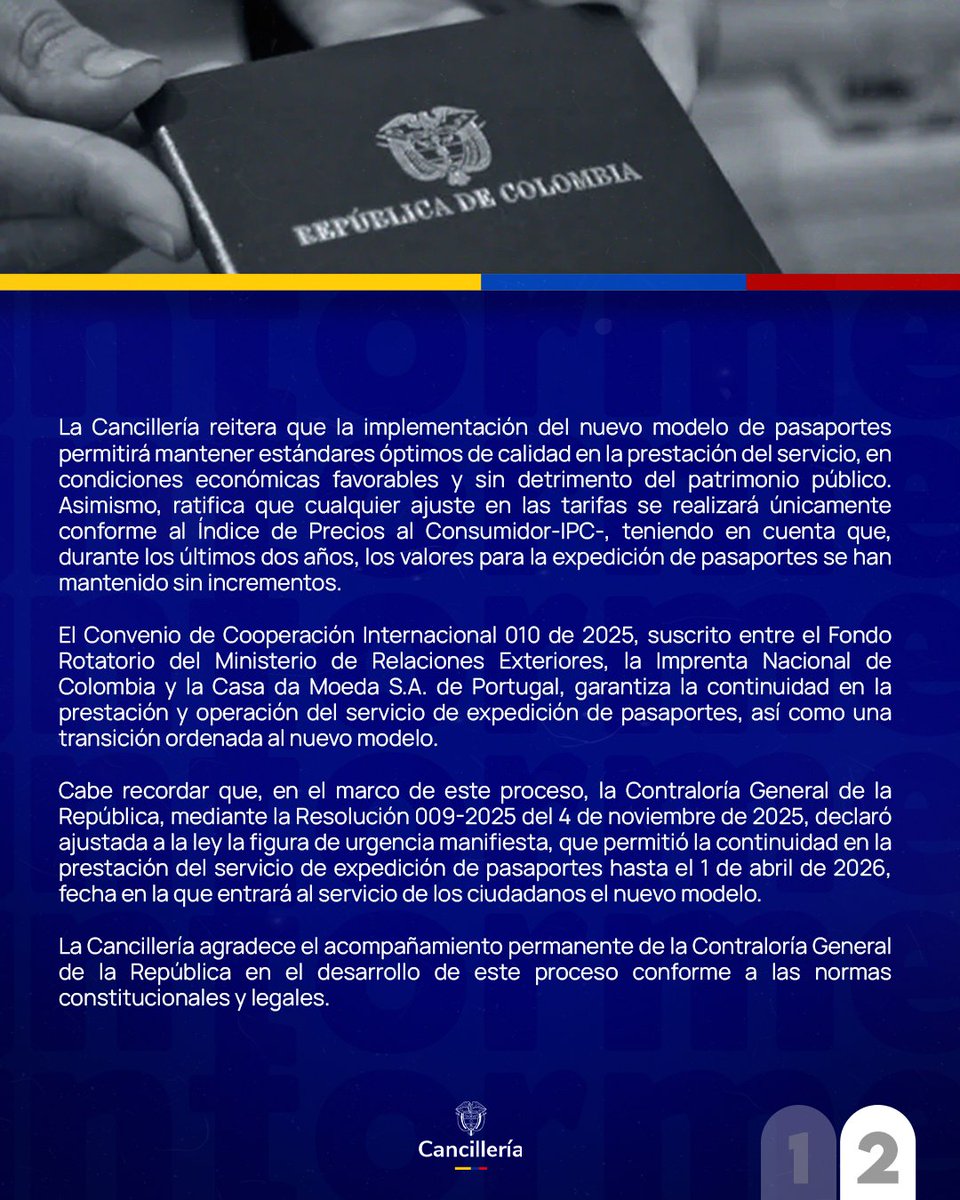 CancilleriaCol's tweet image. 🔴 ¡Atención! El proceso del nuevo modelo de pasaportes avanza sin retrasos, según cronograma establecido por el Ministerio de Relaciones Exteriores, la Imprenta Nacional y la Casa da Moeda S.A. de Portugal. 

cancilleria.gov.co/newsroom/news/…