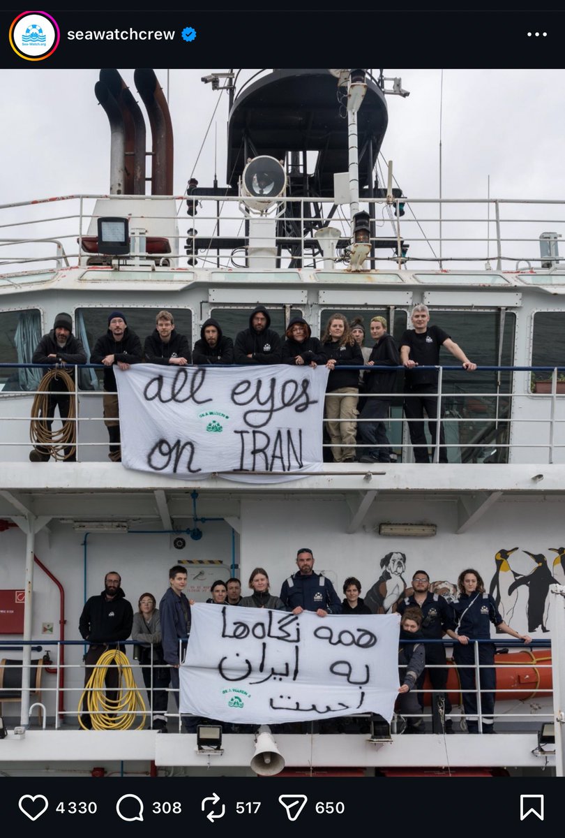 MothrOfDrgns's tweet photo. A foreign ship, far from Iran’s shores.
Strangers on deck, holding a simple message: All eyes on Iran.🕊️
#IranRevolution2026 
#IranMassacre 
#DigitalBlackoutlran https://t.co/thETE5ysvF