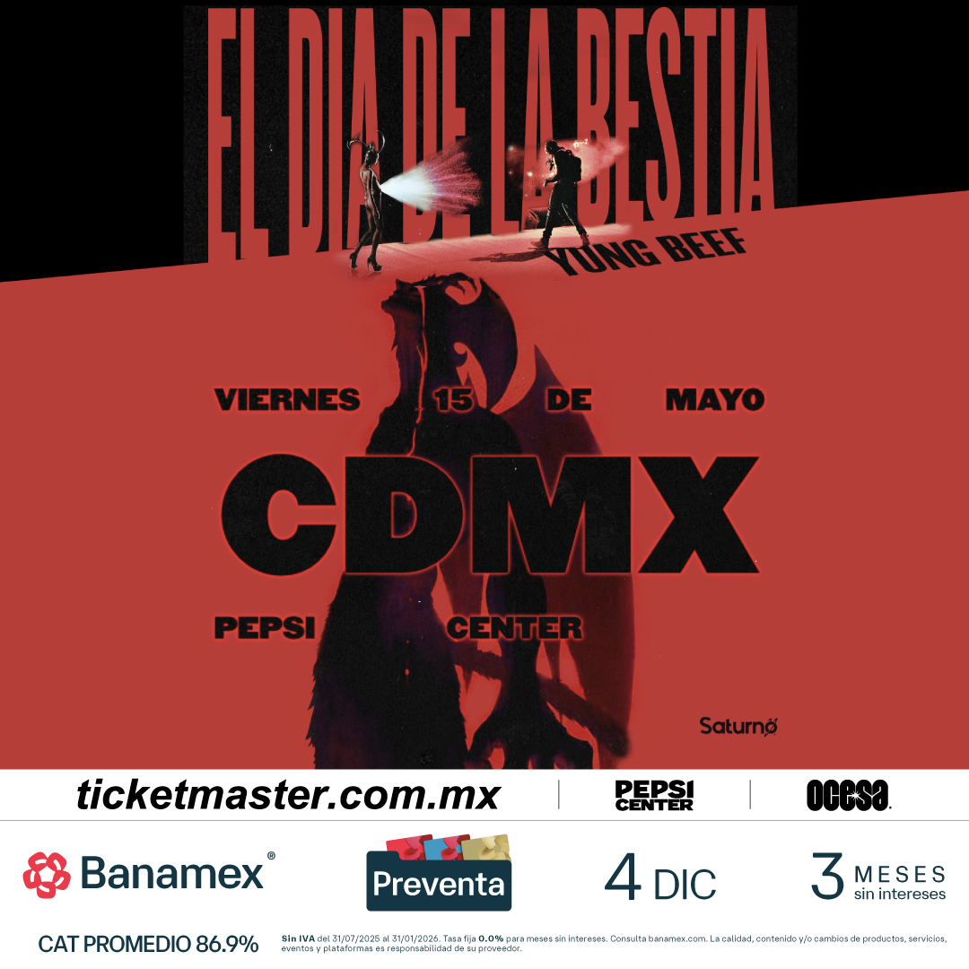 ¡La Bestia anda suelta en la CDMX! 👹🔥
#YungBeef llega al Pepsi Center el próximo viernes 15 de mayo para presentar "El Día de la Bestia". Prepárate para una noche de trap sin filtros en el corazón de la ciudad. 🏙️⛓️
🎫 Boletos en <a href="/Ticketmaster_Me/">Ticketmaster México</a> 

#ElDiaDeLaBestia