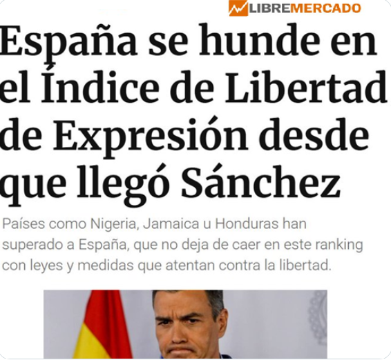 España se desploma en el "International Freedom of Expression Index" incluso bajo países africanos.

El PSOE, con sus ataques a la prensa no afecta, vetos a periodistas y el control absoluto de la tv pública, ya lo ha conseguido.

De esto no te hablarán Silvia ni Angelines.