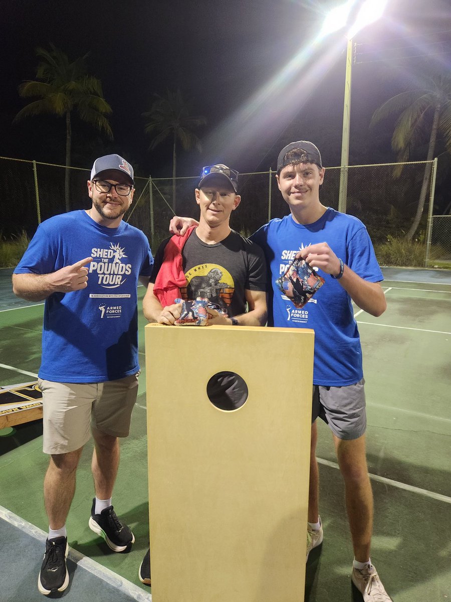 ProSportsMVP's tweet photo. Our inaugural Shed the Pounds Tour has concluded successfully after visiting overseas bases, coaching and teaching the servicemen and their families pickleball, cornhole, and disc golf. https://t.co/bhPgY4nhfg
