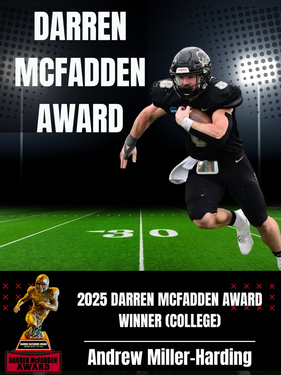 DavidBazzel's tweet image. College Football Hall of Famer and 2-time Heisman runner up @dmcfadden20 has selected his winner for the top collegiate running back in Arkansas. The 2025 Darren McFadden Award winner is @andrew8_m of @HardingU.

Andrew led a historic @Harding_FB offense that set NCAA records…