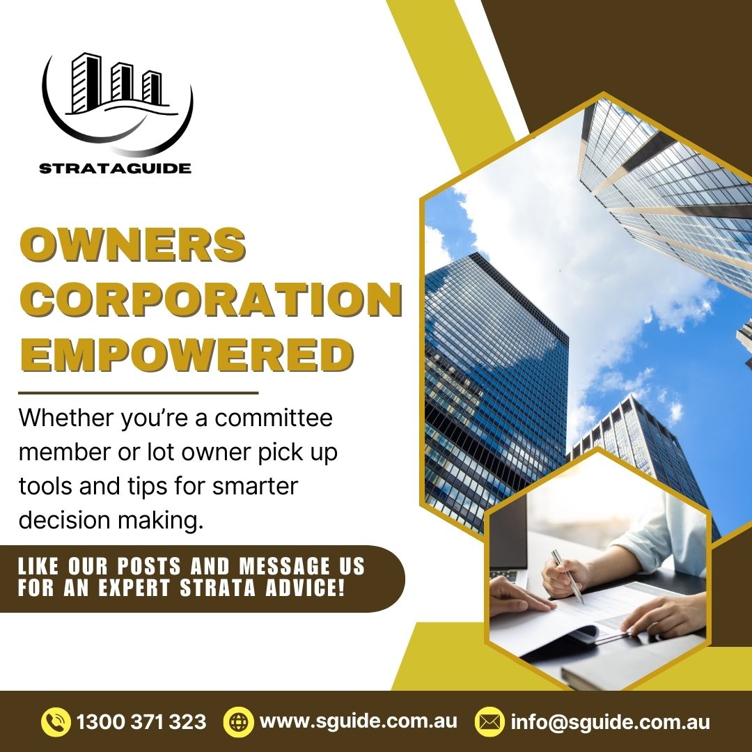 Empower your Owners Corporation with smart tools and tips for committee members and lot owners. Make every decision count with Strataguide. 🌟

#Strata #StrataManagement #OwnersCorporation #PropertyManagement