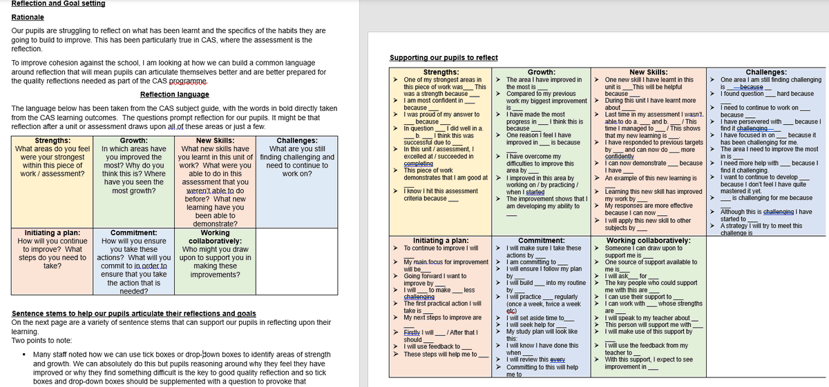 With HODs we have discussed reflection + lang of reflection + consistency of use. Using CAS learning outcomes, we have established key words + focus areas to aid reflection, creating sentence stems that will help ppls, across all yr groups, to produce quality reflections.