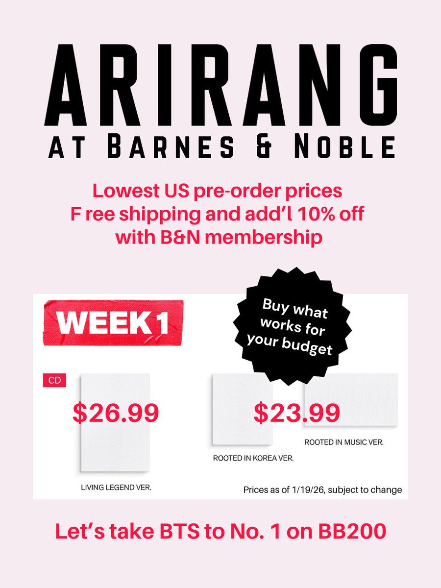 D2A_MicroFunds's tweet image. US/PR ARMY are you looking for a bargain? Right now, Barnes &amp;amp; Noble has the lowest prices for ARIRANG CDs. Pre-order discounts are not always available in store during release week. If you want to help BTS get their 7th No. 1 on Billboard 200 while saving 💸 check out B&amp;amp;N. 👇…