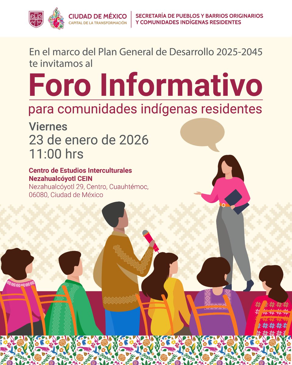 Dentro del marco del Plan General de Desarrollo 2025-2045, la SEPI te invita al "Foro Informativo para comunidades indígenas residentes" que se llevará a cabo mañana viernes 23 de enero a las 11 horas en el CEIN.

¡Te esperamos!

¡No faltes!
