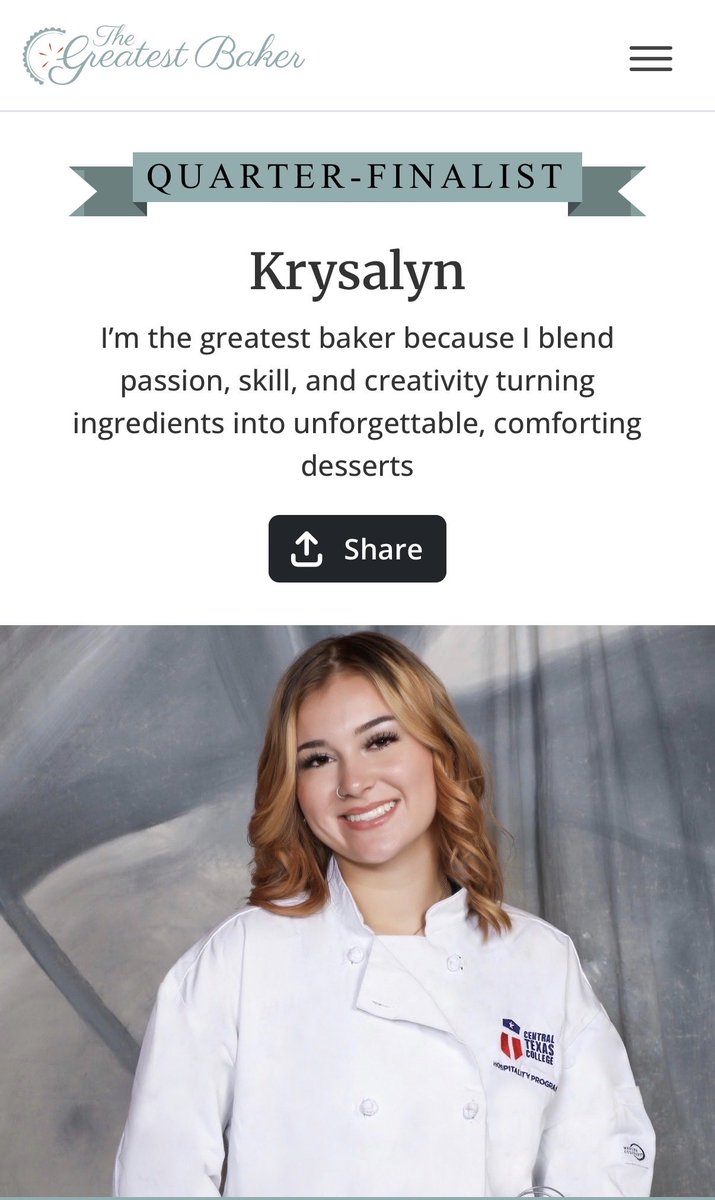 cchellesvisuals's tweet image. greatestbaker.org//krysalyn-pete…

Cast your Vote !! Krysalyn is an Ellison graduate, former Lady Eagle basketball player and CTC culinary grad. She is now pursuing her dreams to one day own her own restaurant or bakery. This $ can help pay her tuition . Please share and vote !