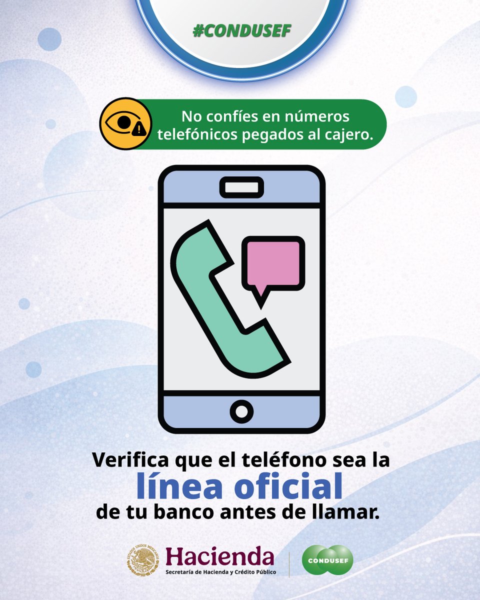 CondusefMX's tweet photo. 💳⚠️ ¿El cajero no te devolvió tu tarjeta?
No intentes recuperarla. Repórtalo de inmediato a tu banco para bloquearla y proteger tu dinero.
🛡️ Actuar a tiempo reduce el riesgo de fraudes.
👉 Revisa estos #ConduTips y conoce qué hacer.
#EducaciónFinanciera https://t.co/JasgyjixWE