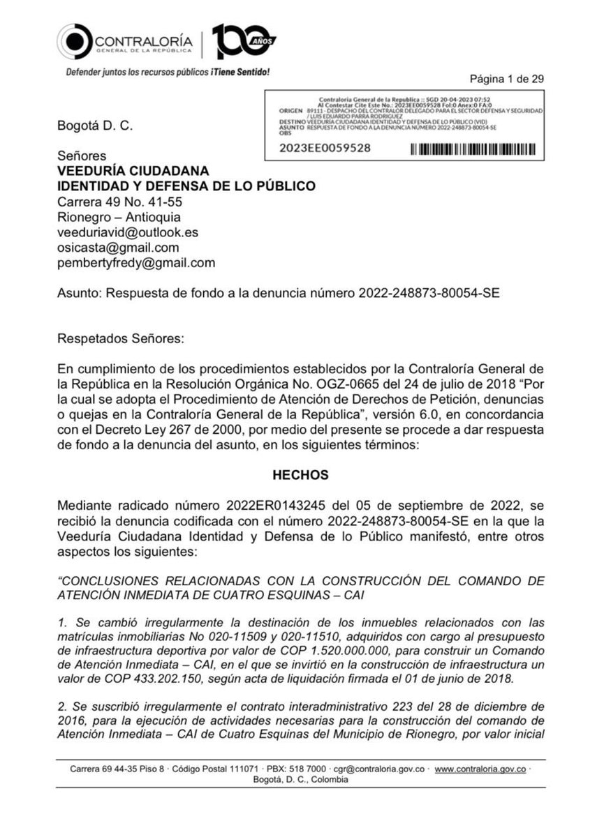 OrienteseTV's tweet image. #Alerta #Antioquia #orienteantioqueño Reciente respuesta de la @CGR_Colombia a la Veeduria Ciudadana que instauró demanda por CAI’s de @AlcRionegro 2016-2019 es totalmente opuesta a noticia difundida de cierre de proceso. Estaremos frente a un posible “PREVARICATO”? .