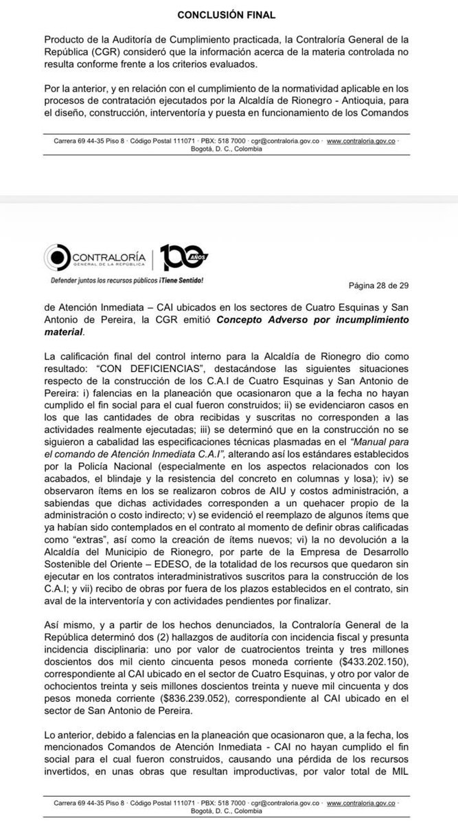 OrienteseTV's tweet image. #Alerta #Antioquia #orienteantioqueño Reciente respuesta de la @CGR_Colombia a la Veeduria Ciudadana que instauró demanda por CAI’s de @AlcRionegro 2016-2019 es totalmente opuesta a noticia difundida de cierre de proceso. Estaremos frente a un posible “PREVARICATO”? .