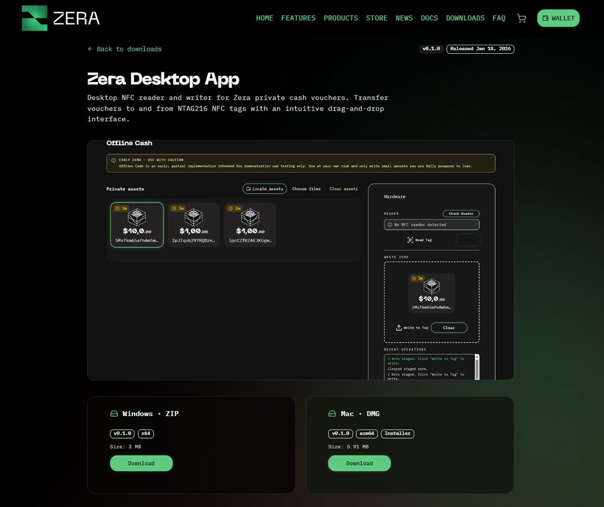ZeraLabs's tweet image. The ZERA Desktop App, used with our Physical Tokens &amp;amp; NFC readers, is now available as installers for Mac and Windows.

Use the ZERA Dashboard (web wallet) to create USDC offline balances (cash vouchers), then use the Desktop app to move that offline balance to and from ZERA…