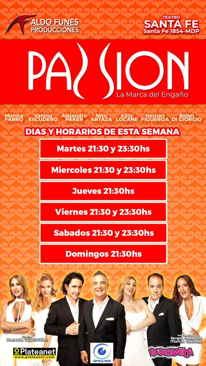 ✍️ Los esperamos con "Passion" junto a un elencazo en el teatro Santa Fe de #MarDelPlata ⛱️ Aquí los días y horarios de esta semana 👇