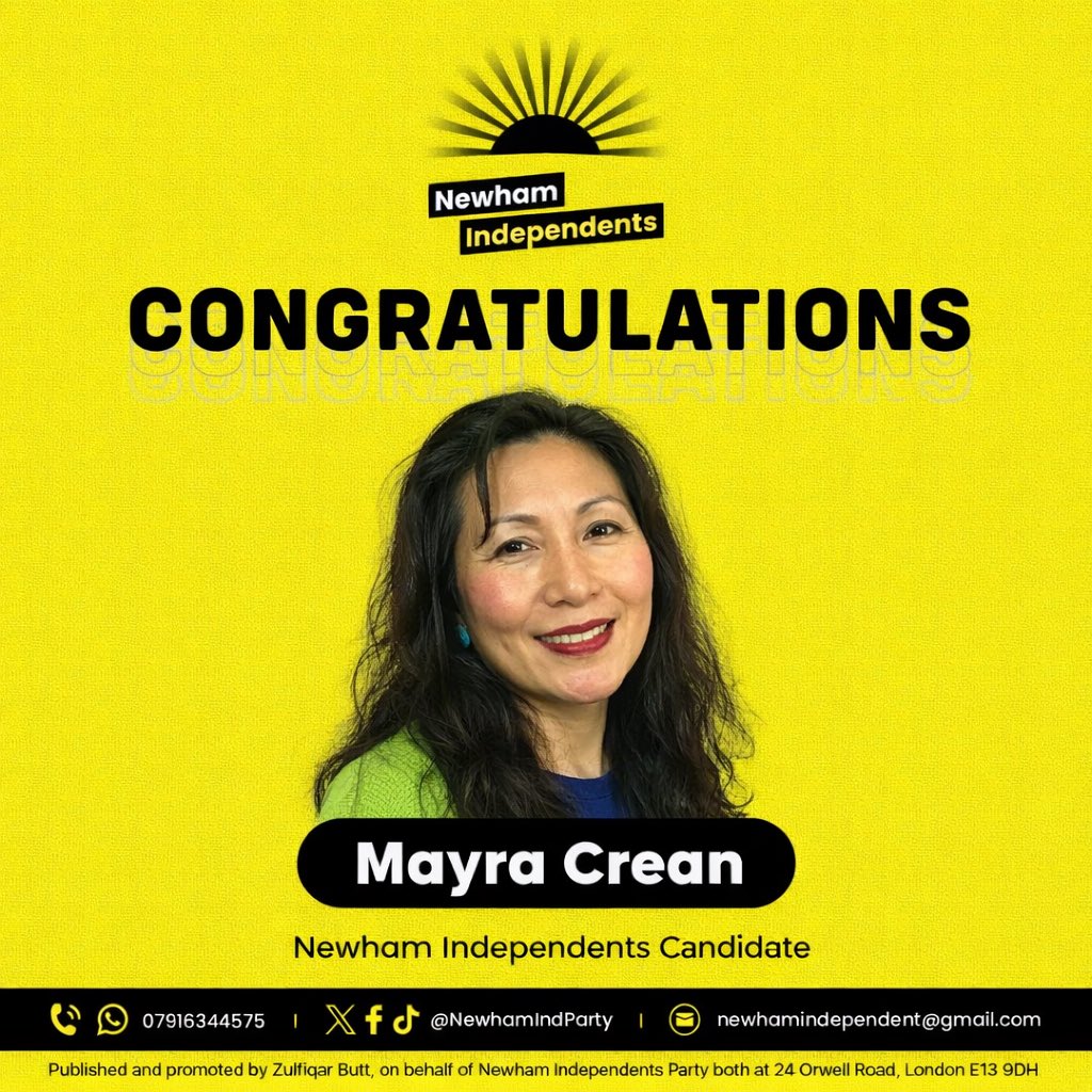 NewhamIndParty's tweet image. 🎉Congratulations to Mayra Crean on being selected as a Newham Independents councillor candidate for the May 2026 local elections.
Wishing you every success on this exciting journey!

#NewhamIndependents #LocalDemocracy #TeamNewham