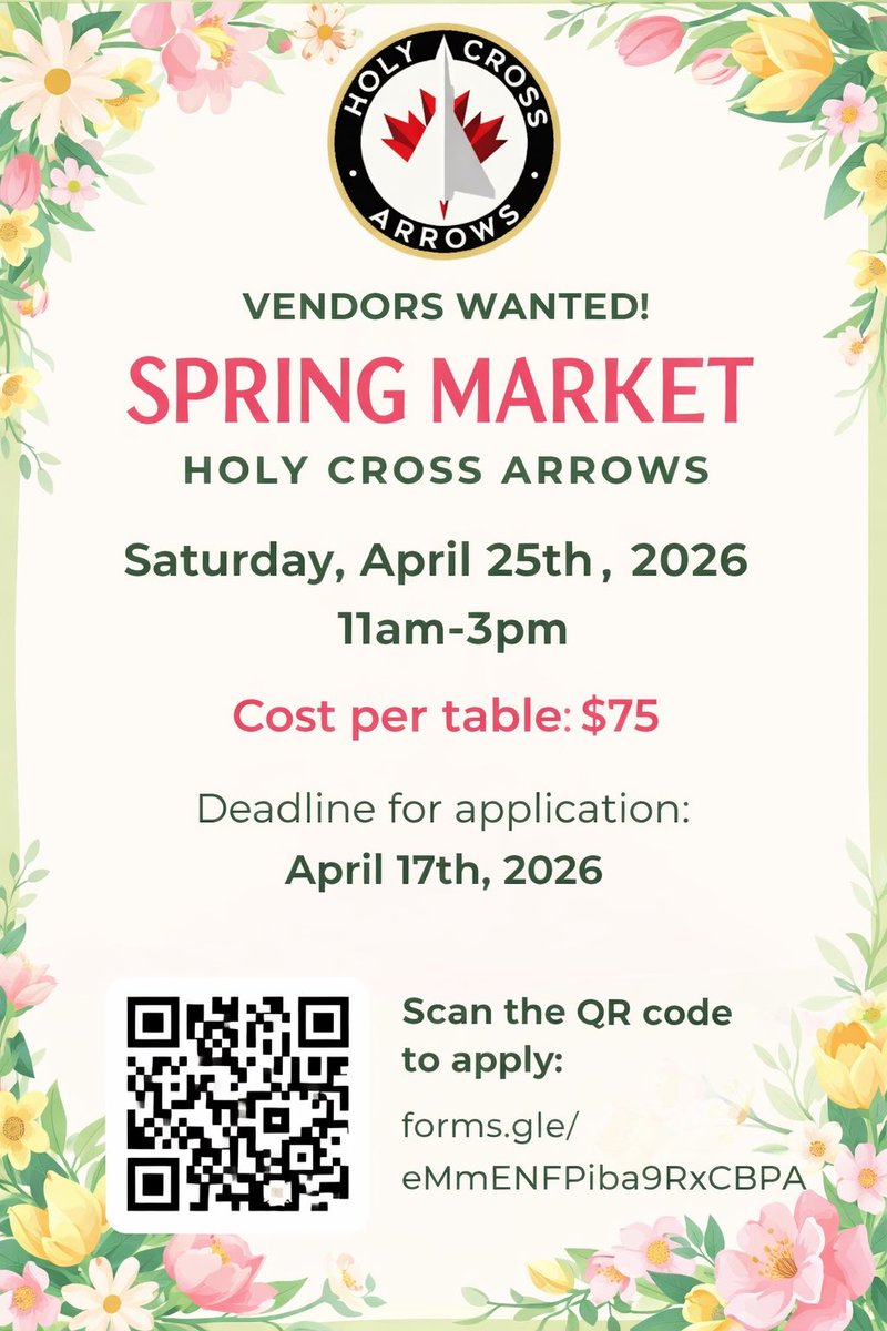 HCparentcouncil's tweet photo. Calling all makers &amp; small businesses! 🌷
Be a vendor at the Holy Cross Spring Market 🌸
April 25 | 11–3 | $75/table
Apply by April 17 👉 https://t.co/zF9QARRfKw https://t.co/jViMtmqUzH