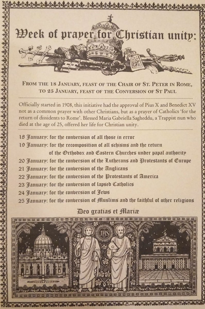 January 18–25 is the traditional Octave of Prayer for Christian Unity.

Established in 1908 with the approval of Pope St. Pius X, this octave was prayed explicitly for the return of those separated from Rome. Catholics praying for souls to come home, not pretending separation no