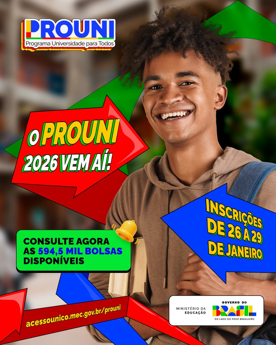 inep_oficial's tweet image. 🎓 A consulta de bolsas do Prouni 2026 já está no ar. Entre em acessounico.mec.gov.br/prouni, confira as bolsas disponíveis e anote as datas de inscrição: de 26 a 29 de janeiro. 

#Prouni #Prouni2026 #Enem