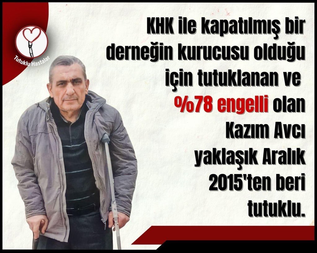 %78 engelli olan ve sadece bir derneğe üyeliği “suç” sayıldığı için 11 yıldır cezaevinde tutulan Kazım Avcı hâlâ özgürlüğüne kavuşamadı.
Bu adaletsizlik kabul edilemez!
Kazım Avcı derhal tahliye edilmelidir.
#SONDAKİKA 
#KHKBataklığı