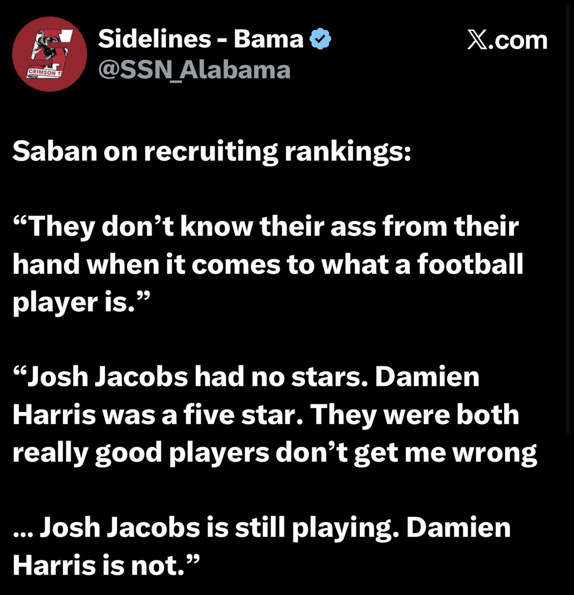 TheRealBam_3's tweet photo. Love to see Saban lobbing grenades at Damien Harris lmaooo https://t.co/kAkKZ9ZAI9