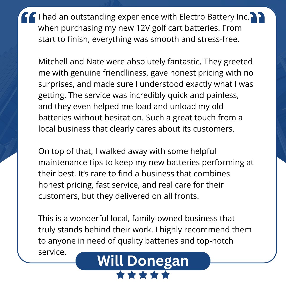 Electrobattery's tweet photo. Have you heard what our incredible customers say about Mitchell and Nate? We couldn’t wait to share Will's kind words celebrating their outstanding work! Their devotion and skill have left a lasting impression. Here's a huge thank you to both for your excellence every day. https://t.co/3qA6Zvvp4w