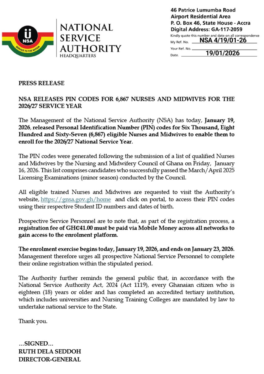 OFFICIAL NOTICE | NATIONAL SERVICE AUTHORITY

The National Service Authority has released PIN codes for 6,867 Nurses and Midwives for the 2026/2027 National Service Year.

This list is made up of candidates who successfully passed the March/April 2025 (Minor Season) Licensing
