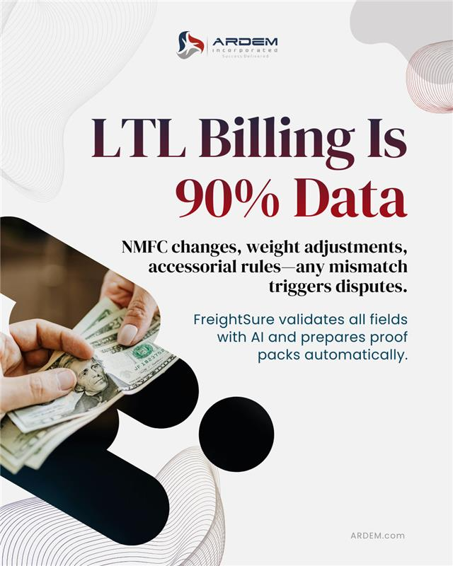 ARDEMinc's tweet photo. NMFC changes, weight adjustments, accessorial rules—any mismatch triggers disputes.
FreightSure validates all fields with AI and prepares proof packs automatically.
Reduce short-pays with FreightSure.
#LTL #FreightOps #AIinLogistics #AgenticAI #Automation #BPO #SupplyChain #ARDEM https://t.co/JlyJXnd47B