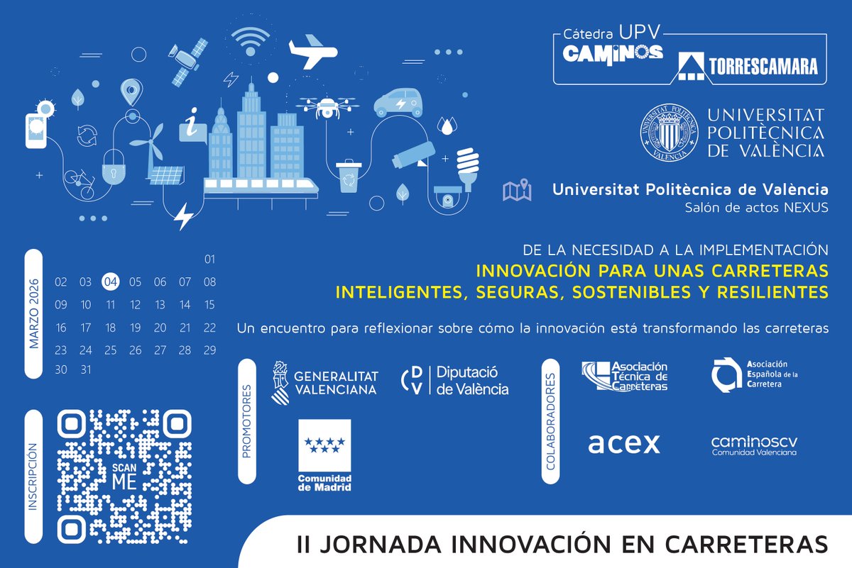📢 II Jornada de Innovación en Carreteras
🛣️ #Digitalización, #seguridadVial, #sostenibilidad y #resiliencia
📅 4 de marzo · <a href="/UPV/">Universitat Politècnica de València</a>
🎓 Organiza: Cátedra TORRESCAMARA – <a href="/CaminosUPV/">Caminos UPV</a>
🆓 Gratuita para estudiantes
🔗 Info e inscripción 👇
catedratorrescamara.es/jornada-innova…