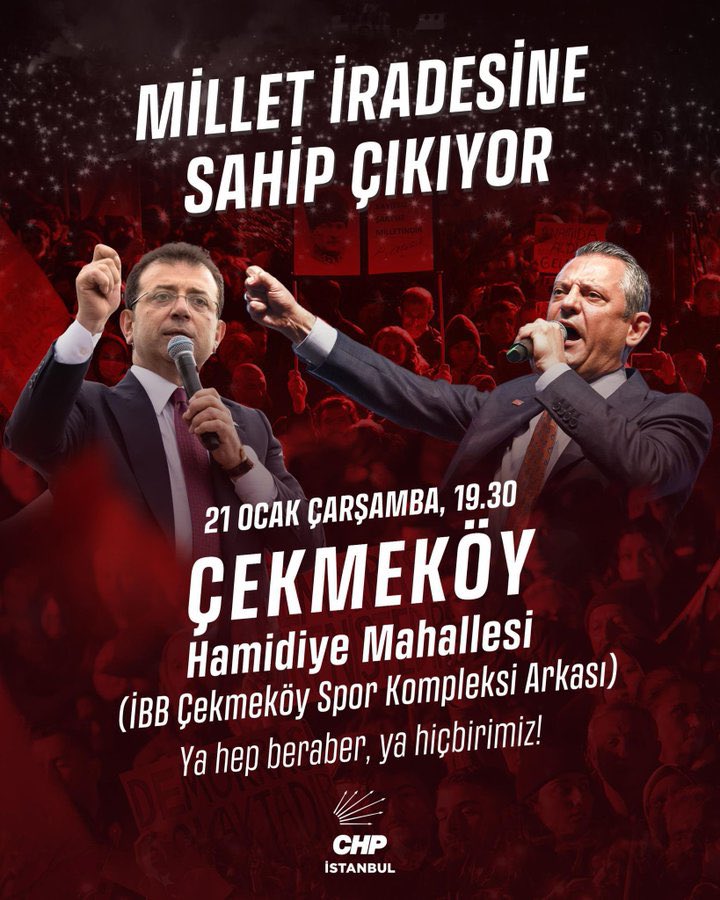Cumhuriyet Halk Partimizin “Millet İradesine Sahip Çıkıyor” buluşmaları kapsamında, Genel Başkanımız Sayın Özgür Özel Çarşamba günü, saat 19.30’da Çekmeköy’de hemşehrilerimizle bir araya geliyor.

Birlik, dayanışma ve demokrasi duygusuyla saatler öncesinden alanı dolduran