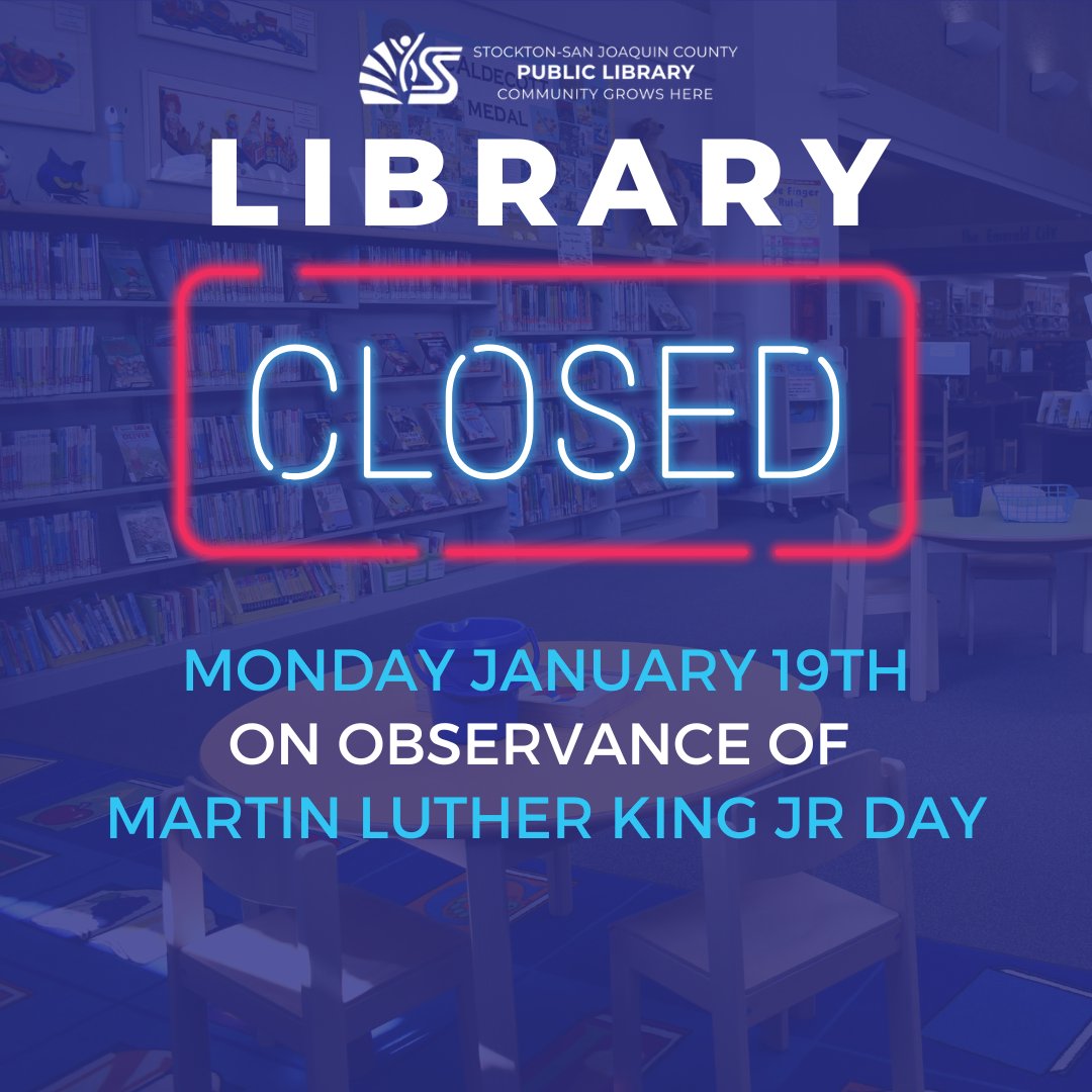 All SSJCPL libraries will be closed today in observance of Martin Luther King Jr Day. Check our library hours here:ssjcpl.org/your-library/l…