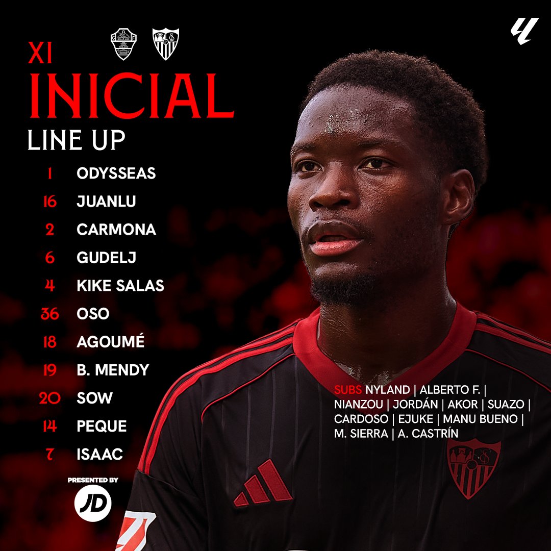 SevillaFC's tweet image. 🚨 Nuestro XI para enfrentarnos al @elchecf  ⚪️🔴 

Odysseas, Juanlu, Carmona, Gudelj, Kike Salas, Oso, Agoumé, Mendy, Sow, Peque e Isaac. 

#ElcheSevilla | #WeAreSevilla | #NuncaTeRindas