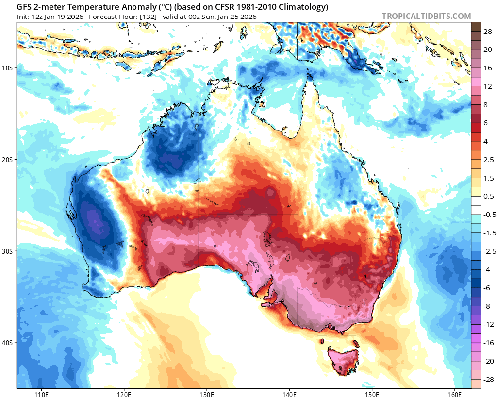 AUSTRALIA EXCEPTIONAL HEAT WAVE
A potentially historic heat wave kicks off in Western Australia with temperatures possibly reaching 49C on Tuesday.
Later on,an overheated air mass will move East with anomalies up to +20C above normal.

Expect 46/49C in WA,SA,QLD,VIC,NSW.