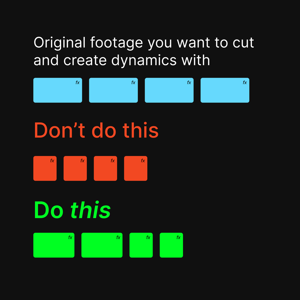 Luees_editor's tweet photo. Most editors think that "faster video" means trimming every shot by 30%

But that is wrong, it makes their editing feel like constant visual noise

The trick isn’t speed, think of it as groups. Cut out entire scenes, don't just speed everything up.

Show only the best https://t.co/Vyq0QjDtbT