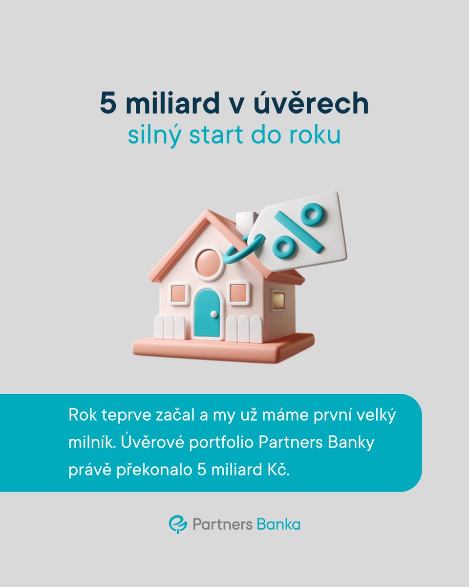 Překonali jsme další milník. 🚀 Úvěrové portfolio Partners Banky přesáhlo 5 miliard Kč a to jen 14 měsíců od spuštění půjček a 11 měsíců od startu hypoték.

Děkujeme klientům za důvěru. 🩵