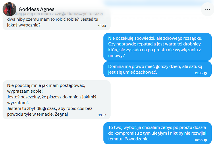 findom_alert's tweet photo. Findom ALERT 🚨#findomSCAMalert
@goddessAgnesss & @GoddessAgnes_II - nie wywiązanie się z wysyłki skarpetek do zagranicznego uległego i odwlekanie terminu tłumacząc to najpierw "brakiem czasu", a następnie "zmiennością u kobiety".
Obiecałem Wam, że indywidualne laurki będą wystawiane dla osób, które w mojej opinii są poważniejsze i myślę, że wątek, gdy jako "polska scena dominacyjna" wystawiamy sobie takie scamerskie kwiatki względem zagranicznych uległych, to jest to po prostu cholernie słabe i smutne.
Uległy opłacił towar i wysyłkę, a następnie gdy po prostu widział bierność i odwlekanie to poprosił o zwrot kasy... i nasza "Domina" określiła go z tego tytułu "oszustem".
Finalnie poszła również blokada, a po próbie mojej mediacji i rozwiązania tego - nie było jakiejkolwiek chęci by dojść do porozumienia.
Post uległego w całości został załączony w komentarzu, ale też będzie promowany indywidualnie tak długo, jak długo uznam za konieczne.
Ostatni screen to w zasadzie już sama końcówka naszej zmiennej kobiety z "oszustem".
RT & like ku przestrodze dla każdego uległego oraz Dominy.
Pozdrawiam.
~Bezczelna Wyrocznia Stopa S.A.
findom footfetish find fetysz dominacja scam