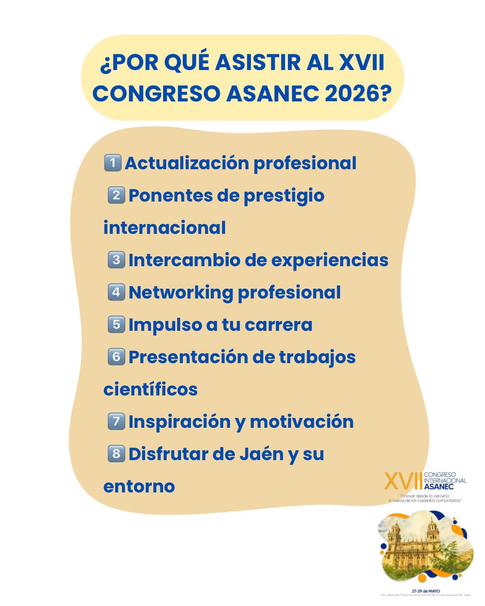 asanec's tweet photo. ✨ 8 Motivos para asistir al próximo 17º Congreso Internacional de Enfermería Familiar y Comunitaria de ASANEC
📍 Jaén 
🗓️ 27–29 de mayo de 2026

🔗 https://t.co/jfywHbrhmR

💙Contamos contigo🧡
#asanec26 https://t.co/QapyeHaP9o