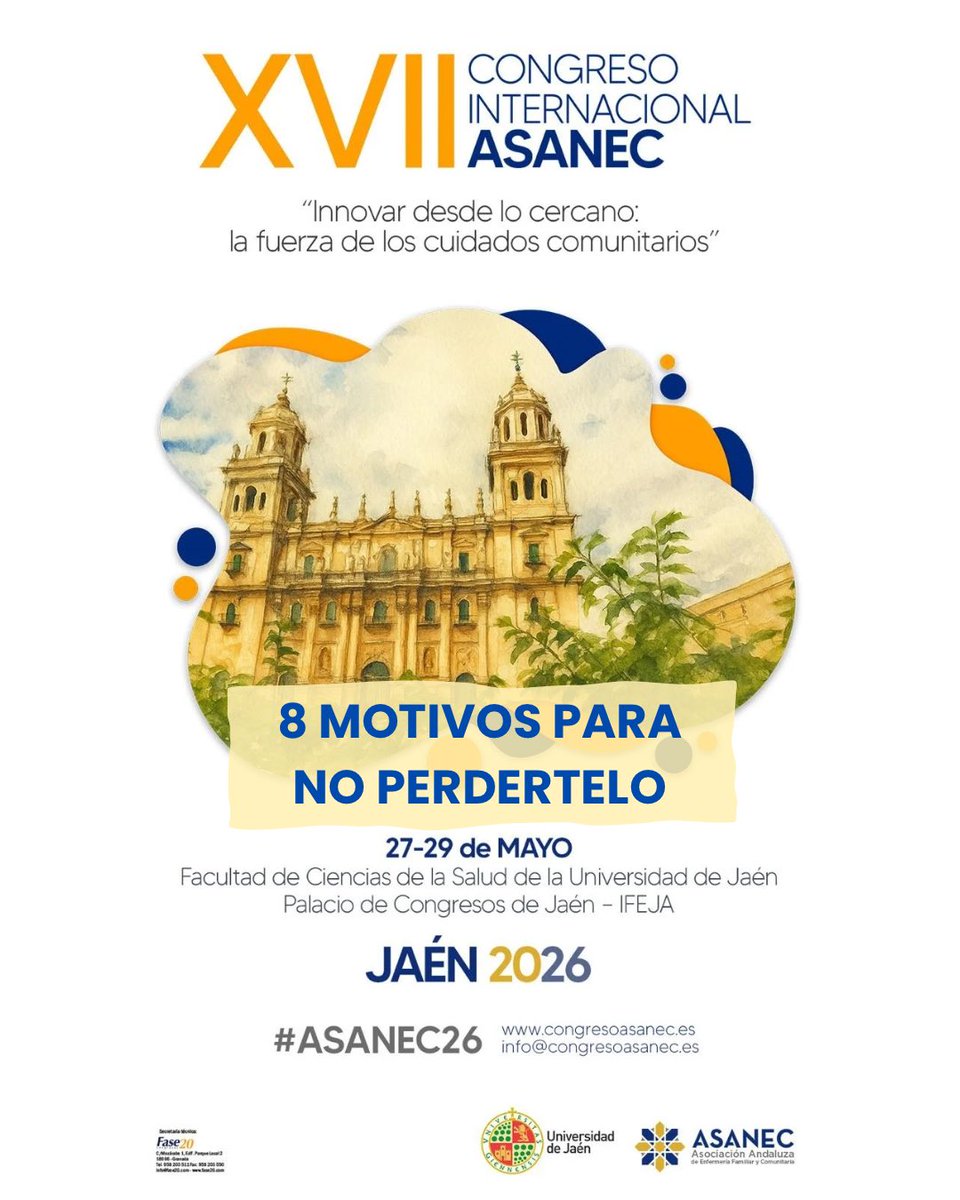 asanec's tweet photo. ✨ 8 Motivos para asistir al próximo 17º Congreso Internacional de Enfermería Familiar y Comunitaria de ASANEC
📍 Jaén 
🗓️ 27–29 de mayo de 2026

🔗 https://t.co/jfywHbrhmR

💙Contamos contigo🧡
#asanec26 https://t.co/QapyeHaP9o