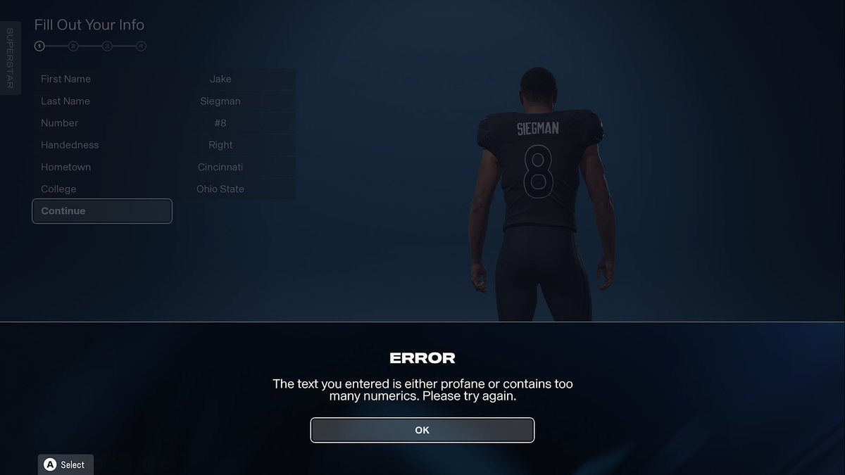 jakesiegman8's tweet photo. Come on now @EASPORTS @EAMaddenNFL @EAHelp 
Can’t even use my last name due to Sieg being in my last name. Add an extra N and it’s acceptable? I’ve always been able to use my last name til this year. https://t.co/uDjAZjJiHB