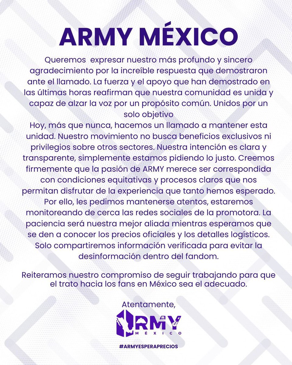 BTSARMY_MXCO's tweet photo. ARMY MÉXICO 💜

#BTSENMEXICO
#ARMYESPERAPRECIOS
#BTSINMEXICO https://t.co/23EARiBbue