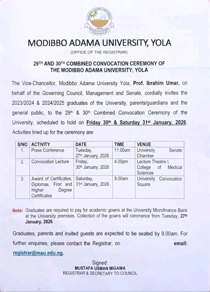 The Vice-Chancellor, Prof. Ibrahim Umar, on behalf of Council, Senate and Management, is inviting members of the University community and the public, to the 29th and 30th Combined Convocation Ceremony.