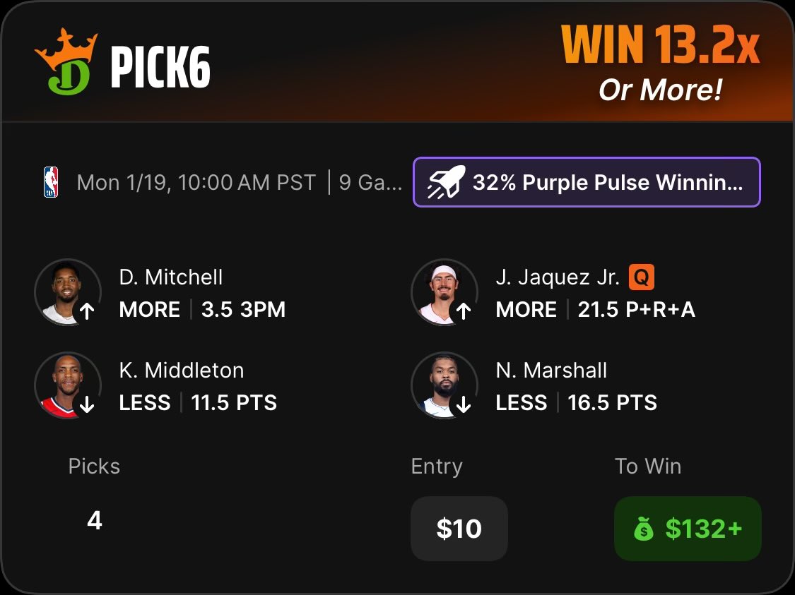 BetWithKidKati's tweet photo. DKPick6 NBA 32% Profit Boost Slip!

All plays found on @UpsideTools 

Good luck if tailing 🫡

Check out my DraftKings Pick6 Entry! https://t.co/Pq9lIZoLAj https://t.co/Sxo23GiWAo
