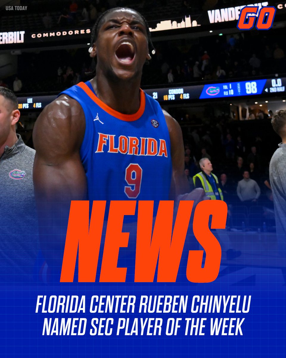 BREAKING: Florida starting center Reuben Chinyelu has been named the SEC Player of the Week. 

He had two double-doubles last week, including a career-high 20 points to beat No. 10 Vandy. 

STORY: on3.com/teams/florida-…