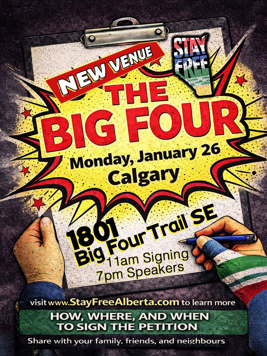 NEW VENUE!

MONDAY, JANUARY 26, 2026
THE BIG FOUR BUILDING
1801 Big Four Trail SE, Calgary, AB

11am Signing Opens
7pm Speakers

More info to come!
StayFreeAlberta.com