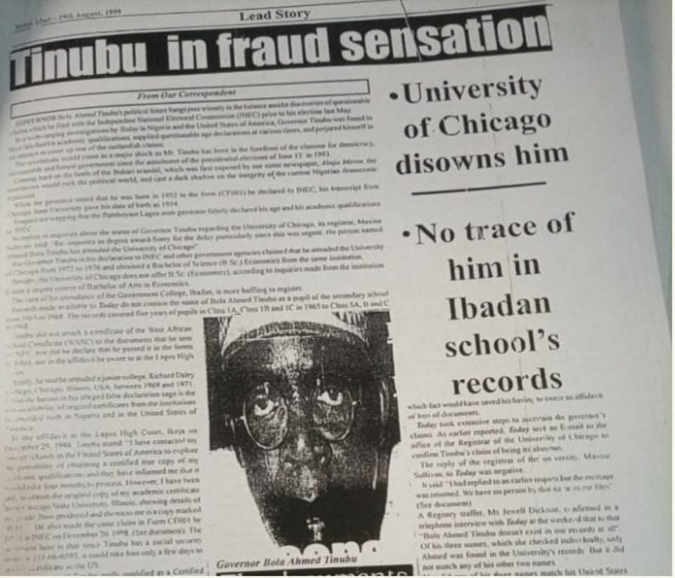 According to a newspaper in 1999, Chicago University disowned Tinubu, and there are no traces of him in Ibadan school’s records. 🤧

Master strategist in the mud..