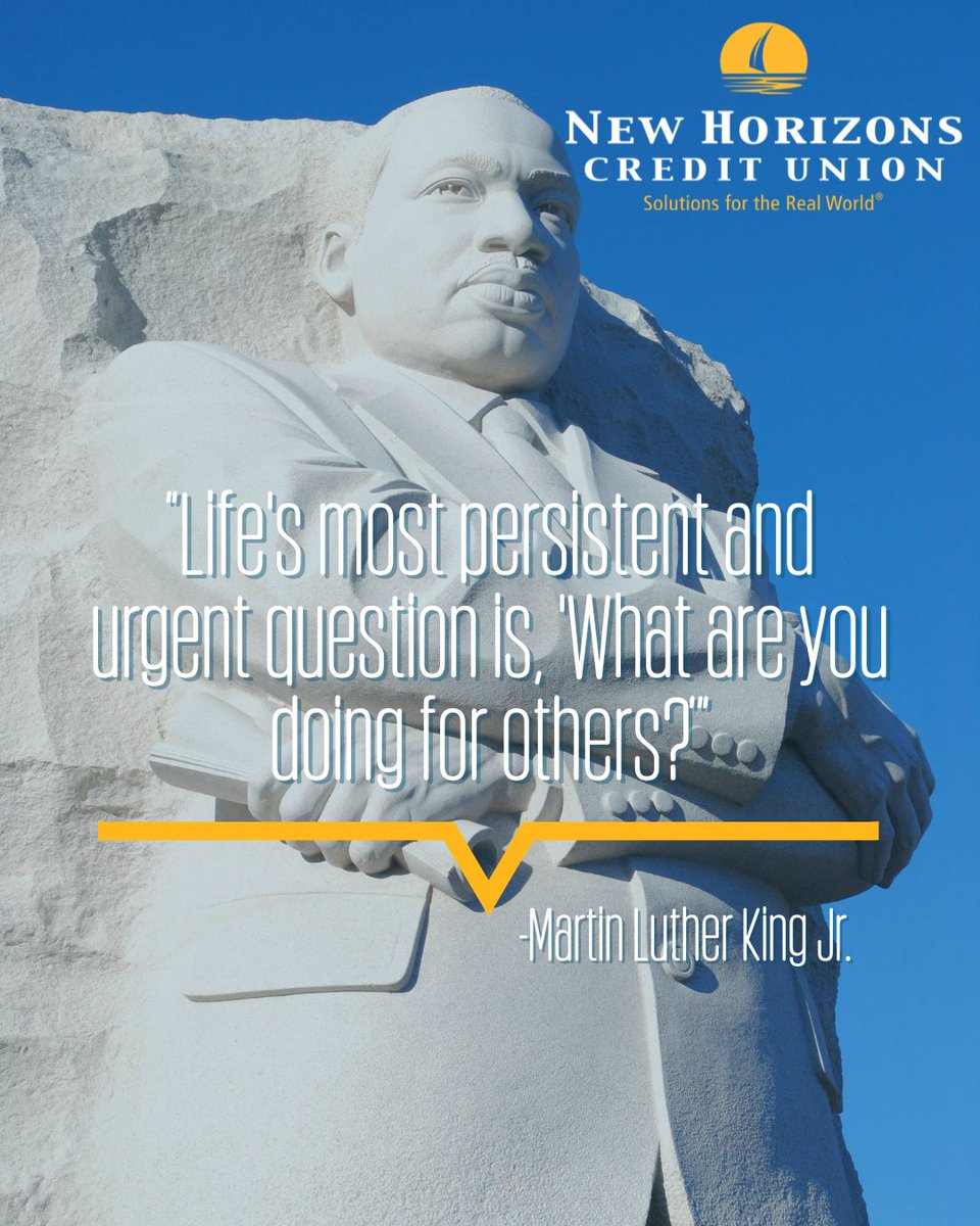 NewHCU's tweet photo. This MLK Jr. Day, we reflect on his powerful reminder: “Life’s most persistent and urgent question is, ‘What are you doing for others?’”
We’re proud to serve our members and community with purpose and compassion. 💙💛✨ https://t.co/7otTknMvNj