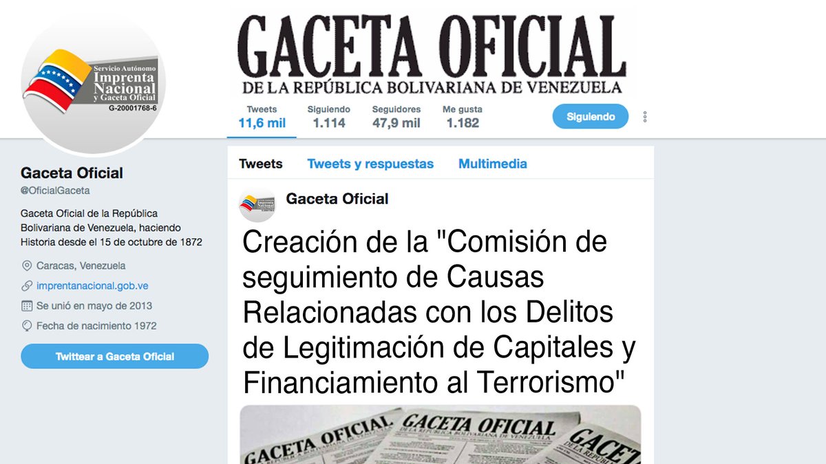 AccesoaJusticia's tweet photo. #EnGaceta n.° 43.272 del #08dic se publicó la Resolución emanada del Tribunal Supremo de Justicia mediante la cual se crea, organiza y pone en funcionamiento la Comisión de seguimiento de Causas relacionadas con los delitos de Legitimación de Capitales y Financiamiento al Terrorismo #JusticiaVe https://t.co/6bhcXGJ0Cb